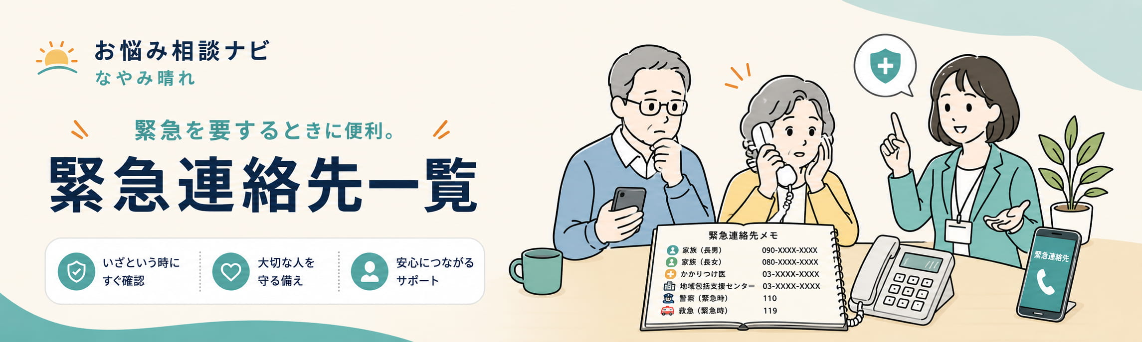 困ったときの緊急連絡先・相談窓口一覧。警察・救急から生活・介護・こころの相談まで、状況別にすぐ探せます。